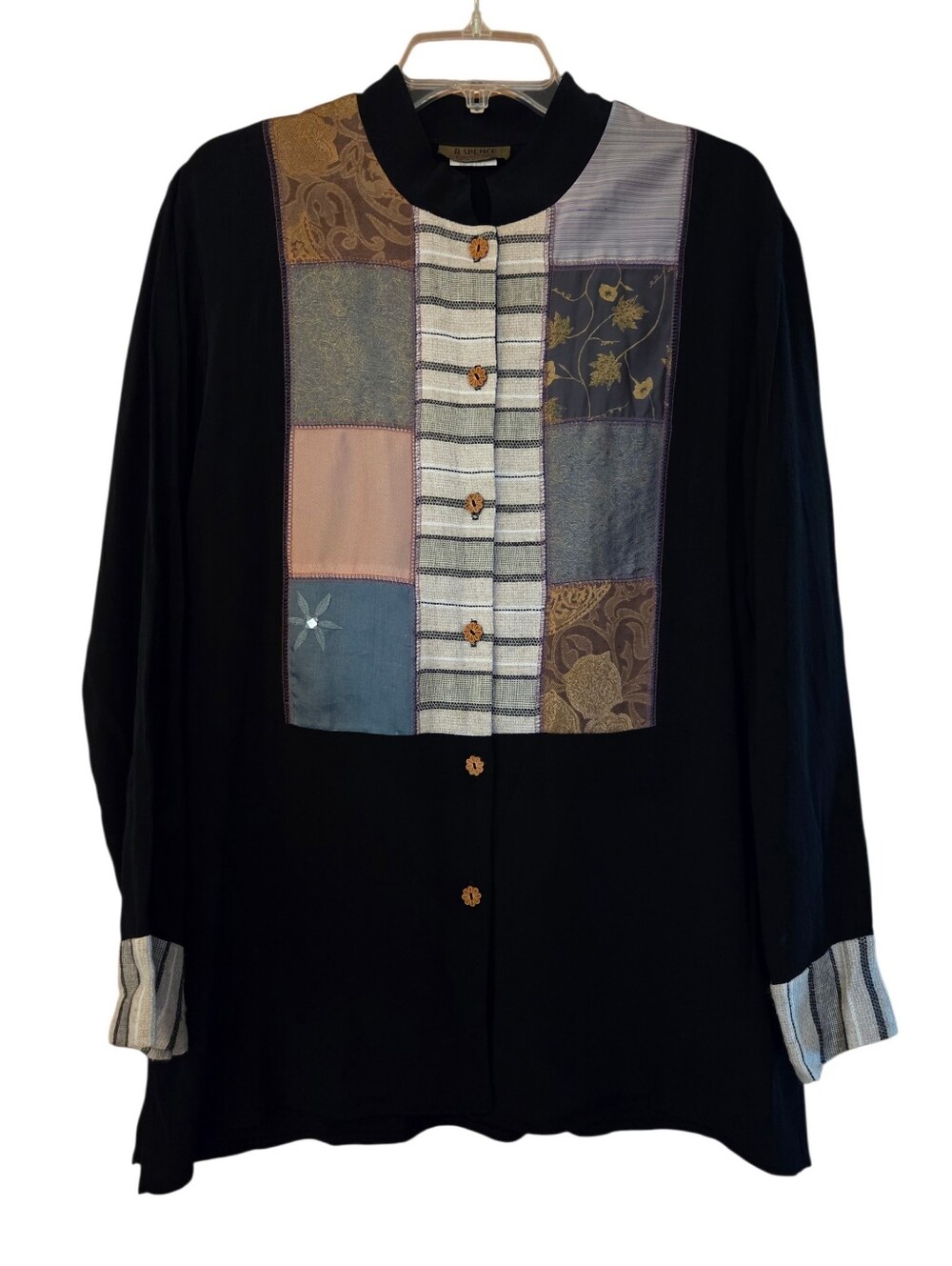 Vintage A.Spence Patchwork Boho Indie Artsy Tunic Black Silk Blend Size Large